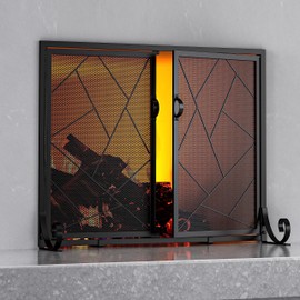 Fire Beauty Fireplace Screen with Hinged Doors Cast Iron Border Sturdy Steel Frame Durable Metal Mesh Decorative Spark Guard Black Finish(Large)