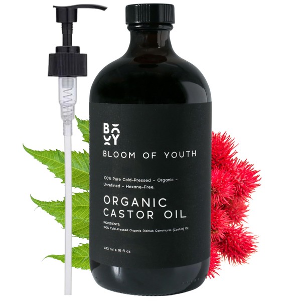 100% Pure Cold Pressed Organic Castor Oil, Glass Bottle 16oz