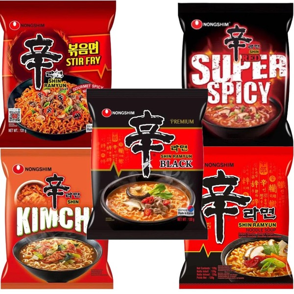 Nongshim SHIN Ramyun Korean Ultimate Spicy Ramen Bundle - Original, Red Super Spicy, Black, Kimchi & Stir Fry Noodles (Pack of 5)