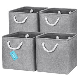 OrganiHaus 11x11 Cube Storage Bins Set of 4 | Fabric Cube Baskets for Storage Shelves | Foldable Storage Cubes for Kallax Organizer Cube Bins w Rope Handles | Cubby Bins for Nursery Decor - Grey