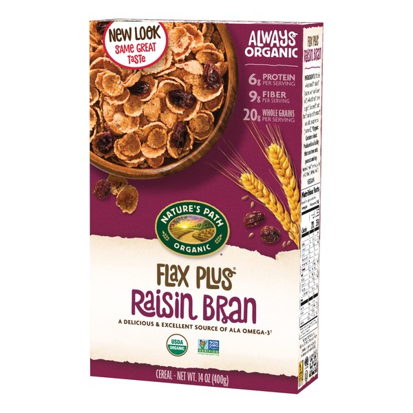Nature's Path Organic Flax Plus Raisin Bran Cereal, Non-GMO, 20g Whole Grains, with Omega-3 Rich Flax Seeds, 14 Ounce - Pack of 4