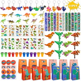 Pack of 84 Dino Party Bags Children's Birthday, Exquisite Party Favours Dinosaur Children, Boy Gift Bag Mini Dino Figures, Dino Party Key Ring Toy for Lucky Prizes (B)