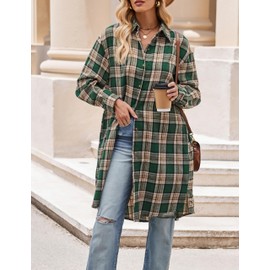 Korebow Womens Casual Long Flannel Plaid Shirts Fall Fashion Long Sleeve Boyfriend Coats Jackets with Pockets(0241-Green-L)