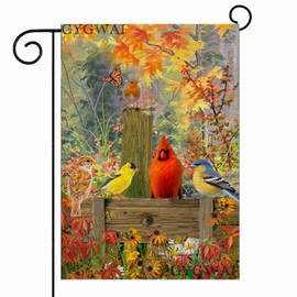 Fall Garden Flag 12x18 Inch Double Sided, Autumn Cardinal Birds Maple Leaves Small Burlap Yard Flag for Outside Seasonal Yard Decor