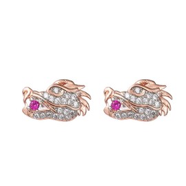 Iced Out Dragon Head Stud Earrings for Women, Gold Dragon Head Earrings Red Stones Dragon Earrings for Girls (Pink)