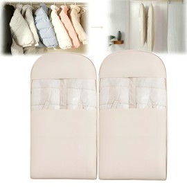 Space Saving Hanging Garment Bag with Self Compression Zipper, 2025 New Space Saver Clothes Storage Organizer, Dust Cover Clothes Bags for Down Coat Suit Dress or Jacket (Beige, XL, 2PCS)
