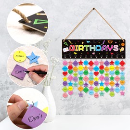 MoShining Colorful Birthday Calendar Wall Hanging Decor, DIY Watercolor Birthday Chart Board with Card Tags, Cute Calendar Plaque for Office Classroom School Birthday Supplies
