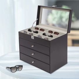 BANLICALI Glasses Storage Box, 4 Tier Sunglasses Organizer Storage Case Tray with Drawer and Cover, Lockable Case Organizer for Glasses Sunglasses Necklace Earrings Watches Black