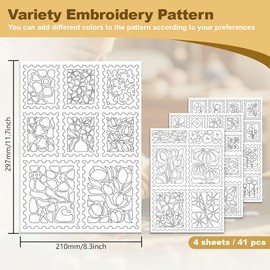 DOODLREAM Pack of 41 Flower Stamps, Water Soluble Hand Sewing Stabilisers, 8.3 x 11.7 inches, Embroidery Pattern, Stabiliser with Flower Stamp, 4 Sheets Rectangular Stick and Stitch Embroidery Paper