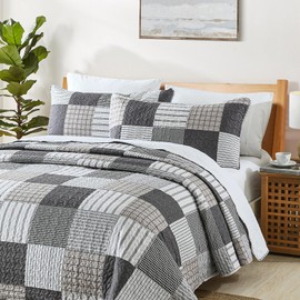 HIARUO Quilt Set King Size, 3 Pieces Bedspread Coverlet Plaid Patchwork Quilt Farmhouse King Size Comforter Set Lightweight Bedding with 2 Pillow Covers Shams for All Season Gray Brown White