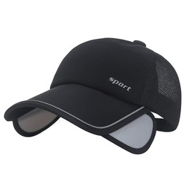 Sun Visor Hats Men, Adjustable Retractable Brim UV Protection Mesh Breathable Baseball Cap for Beach Golf Running Tennis, Black, One Size-Large