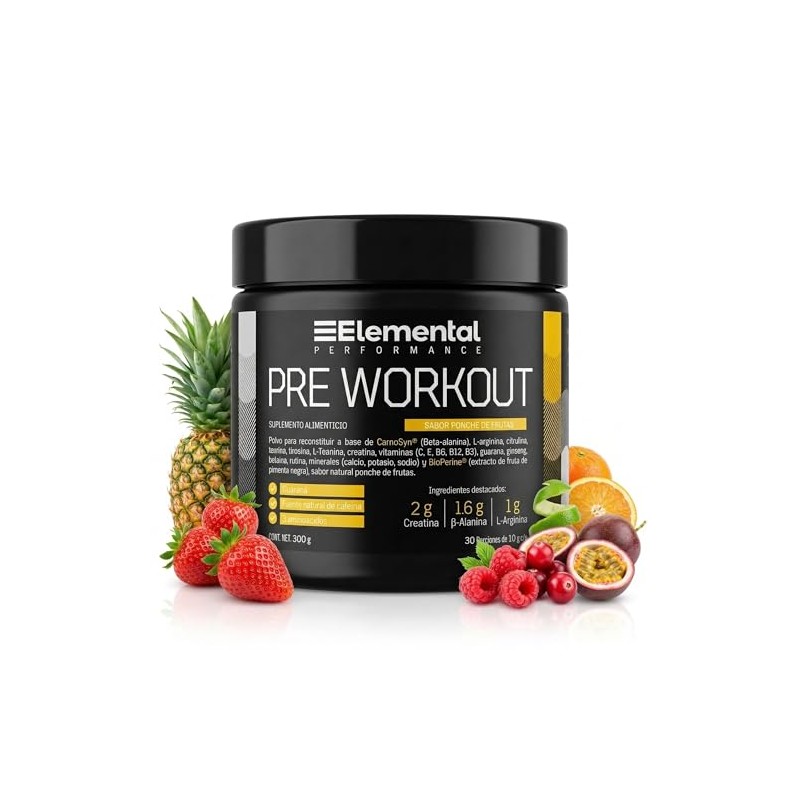 ELEMENTAL Pre Entreno con Creatina 300g Cafeína Natural Ponche de
