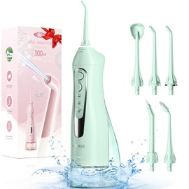 COSLUS Munddusche Kabellos Tragbar Elektrische Zahnreiniger, 300ML Wassertank Wiederaufladbar Zahndusche IPX7 Wasserdicht Doppelt Wasser Zähne Flosser Munddusche für Reinigung auf Reisen Grüner