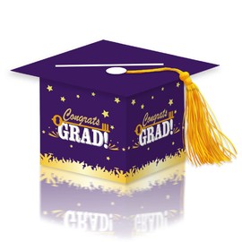 Topfunyy 2025 Graduation Party Card Box, Purple Gold Congrats Cap Card Holder Box with Tassel for 2025 Graduation Party Decoration