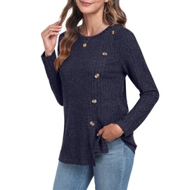 GRECERELLE Ladies Jumpers Long Sleeve Tops for Women UK Crew Neck Lightweight Knit Womens Jumpers Button Front Slit Tunic (Navy Blue, L)