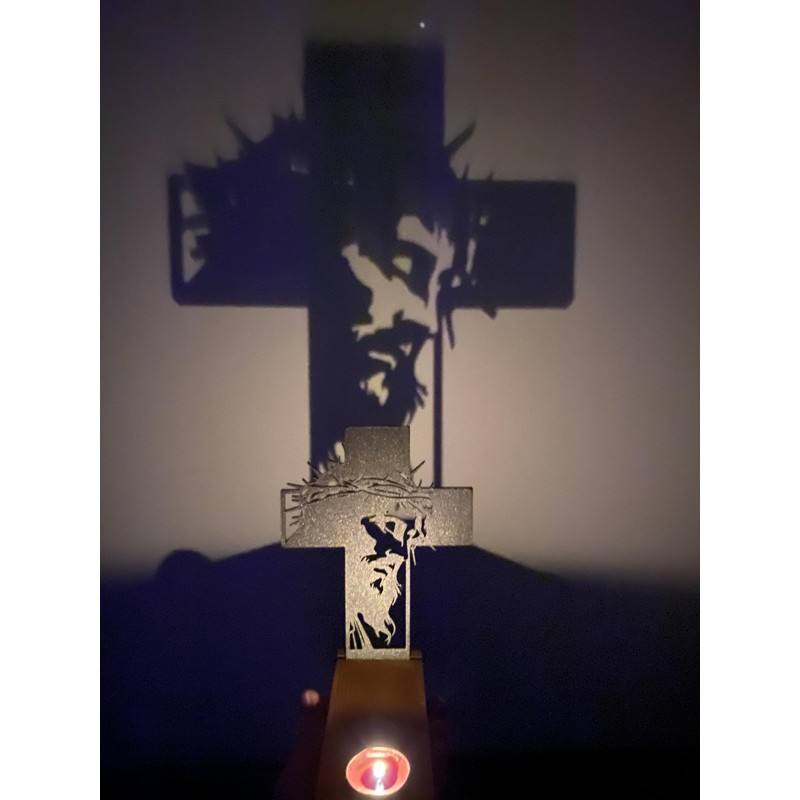Jesus Christ Cross Shadow Tea Light Holder with Wooden Base