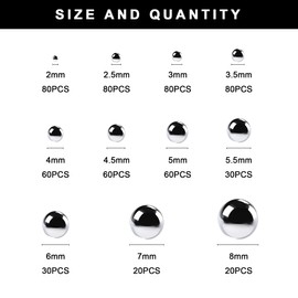 JJWNMLL Pack of 600 304 Ball Bearing Balls, Stainless Steel Metal Balls, Steel Balls, 11 Sizes, 2-8 mm, Mixing Balls, Cleaning Beads, Classification Set for Conveyor Belts, Instrument Bicycle, with 2