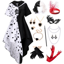 Mecamelon 13Pcs Women's Dalmatian Black and White Costume Dress with Wig Gloves Accessories Party Outfit (White, XXX-Large)