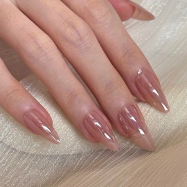 24 PCS Almond Medium Shape Mirror Metal Stiletto Fake Nails Pink Chrome Nails Natural Fake Nails