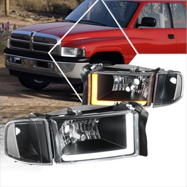 PM PERFORMOTOR Switchback L-Shape LED Headlights+Side Marker Lights Compatible with 94-02 Dodge Ram 1500 2500 3500,Black/Clear