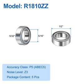 uxcell 5pcs R1810ZZ Deep Groove Ball Bearings 5/16" ID x 1/2" OD x 5/32" Height P5 Miniature Bearings Double Metal Shielded Chrome Steel Z3 Bearing for Engineering Machinery, Silver Tone