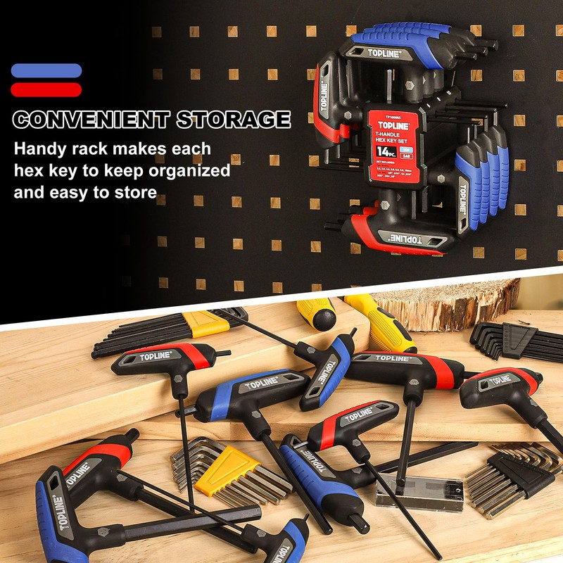 Topline 14-Piece T-Handle Hex Key Set, Metric&SAE, Long Arm Hex