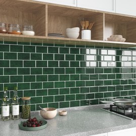 VEELIKE 6 Sheets Forest Green Subway Tile Peel and Stick Backsplash Kitchen Backsplash Tile Peel and Stick Green Wall Tiles for Bathroom Waterproof Stick on Tiles for Kitchen Wall Fireplace 12''x12''