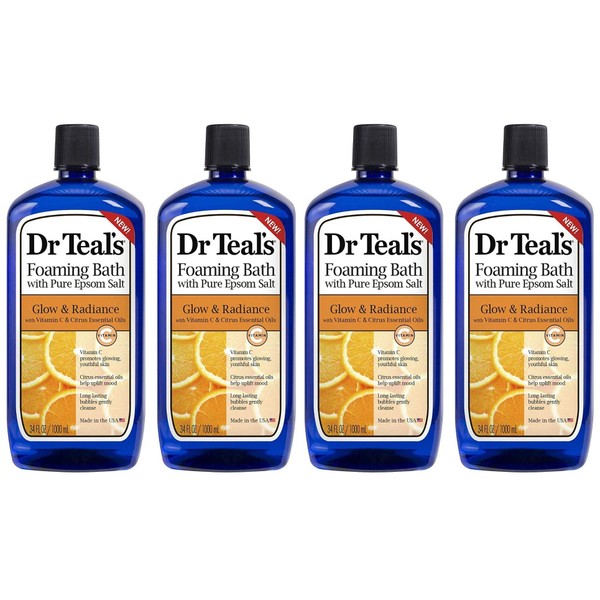 Dr Teal's Foaming Bath 4-Pack (136 fl oz Total), Glow & Radiance with Vitamin C and Citrus Essential Oils