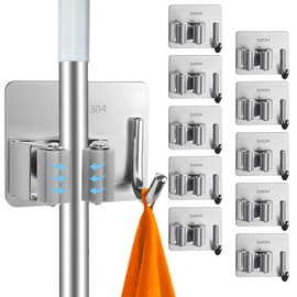 10 Pack Heavy Duty Mop and Broom Holder Wall Mount, No Drill Self Adhesive Stainless Steel Hanger with Hooks, Anti-Slip Tool Organizer for Bathroom, Kitchen, Garage, Laundry Room (10, Silver)