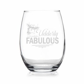 YmeerGifts Udderly Fabulous Stemless Wine Glass - Funny Cute Cow Gifts For Women - Cow Wine Glass - Farmhouse Gift - Gift For Friend - Etched Sayings - Cow Lover Gift, 15oz, Transparent