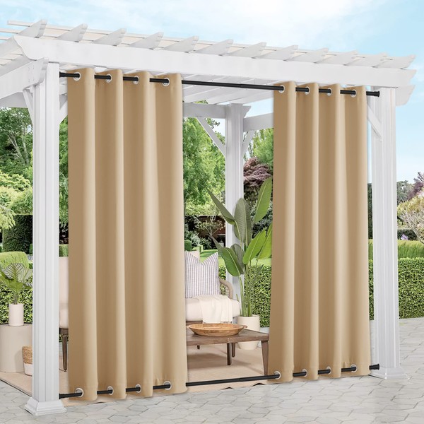 NICETOWN 2 Panels Weighted Blackout Curtains Patio Windproof Top & Bottom Grommet, Thermal Insulated Light Blocking Windproof Drapes Keep Privacy for Yard/Porch, Biscotti Beige, W52 x L84
