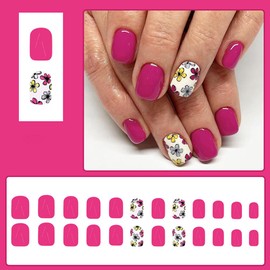 24 Pcs Light Purple Press on Nails Short Square - ZIFANHU Cute Fake Nails Full Cover False Nails Press ons Nail Tips Art Kit with Flowers Designs Glue on Nails Stick on Nails Acrylic Manicure Women