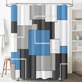 BTTN Stall Fabric Shower Curtain - 36x72 Inches Small Geometric Waterproof Cloth Shower Curtain Set with 6 Hooks, Narrow Hotel Spa Walk in Neutral Simple Shower Curtains for Bathroom - Moonlight Blue