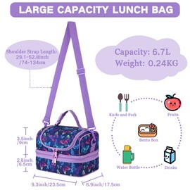 VASCHY Lunch Box Bag Girls, Insulated Two Compartments Bento Cooler Bags for Women w Shoulder Strap for School,Daycare,Kindergarten,Picnic Purple Butterfly