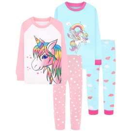 DAUGHTER QUEEN Girls Pajamas Toddler Unicorn PJs Kids Sleepwear 100% Organic Cotton Pj Sets Children 4 Piece Long Sleeve Jammies Rainbow Clothes Size 2T Age 2 Years Old