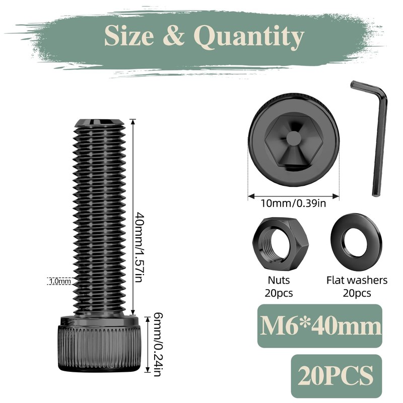 GOHODOMINO M6×40mm Socket Head Cap Screws, Nuts, Flat Washers, 20Pcs,