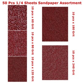 1/4 Sheet Sandpaper,50 Pcs Sanding Paper,60,80,120,180,240 Grit Sandpaper Sheet,Aluminum Oxide Sanding Block Sheet Sandpaper for Wood,Glazing,Metal,Painting,Leather,etc Sanding and polishing