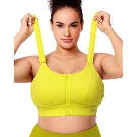 VFUS Zip Front Adjustable High Impact Sports Bras for Women Large Breasts Full Coverage Workout Running Removable Pads (X-Large, Highlight Yellow)