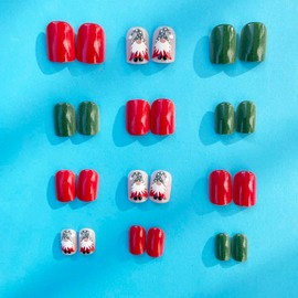 Clataly 24 Pieces Christmas Press on Nails Short Oval Fake Nails Cute Cartoon Santa Claus Elk Candy Acrylic Nails Christmas Tree False Nails (A)