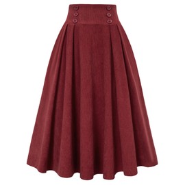 Belle Poque Women's High Waist Pleated A-Line Swing Skirt Below Knee Skirt for Winter Red L