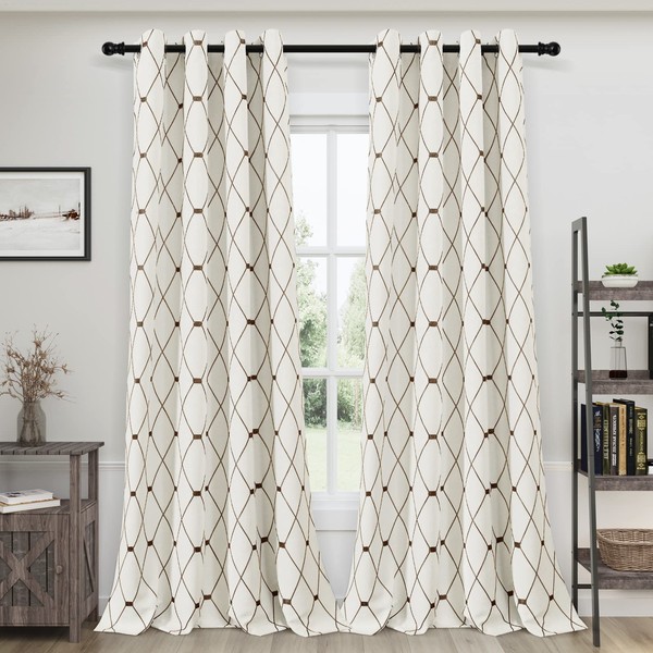 Linen Textured Living Room Curtains 96 inches Long Embroidered Farmhouse Window Curtain Neutral Grommet Room Darkening Curtain 2 Panels Thick Cotton Winter Curtains Coffee Checkered Pattern 8ft Tall
