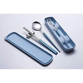 ZEARE Cutlery Set of 3 Stainless Steel Crockery Set Colourful Handle Including Fork Spoon Chopsticks with Storage Box (Blue)