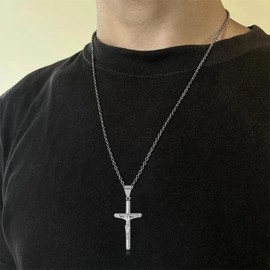 MOOSKI Men's Cross Necklace Jesus Christ Crucifix Gold Silver Plated stainless steel Pendant Necklace Rolo Chain 24" (Silver)