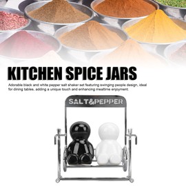 Salt And Pepper Shakers, 2Pcs Travel Salt And Pepper,Kitchen Jars Ceramic Cute Swing Figure Shaker Set Salt and Pepper Dispensers Black White Refillable Salt Shaker Kit