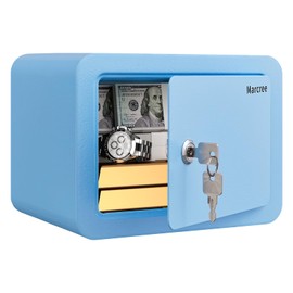 Marcree Mini Safe Box, 0.23 Cub Home Safes for Kids, Steel Money Box with Key Lock, Small Safes for Money Cash Valueables, Stylish Security Safe for Gifts, 6.69 x 9.06 x 6.69 Inches, Blue