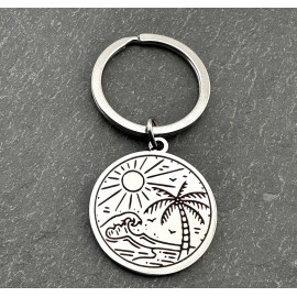 Low Tide Mercantile Ocean Waves Stainless Steel Keychain etched with Sunshine Palm Trees