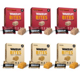 WAKE UP! Caffeinated Protein Bites - VALUE PACK - 6 Cartons (48 Bites) – 3 Caramel & 3 Cinnamon Crunch – Proprietary Blend with 175mg Caffeine (1 Bite = 1.5 Espressos) – Boosts Focus & Clarity - Gluten-Free, Vegetarian, Kosher