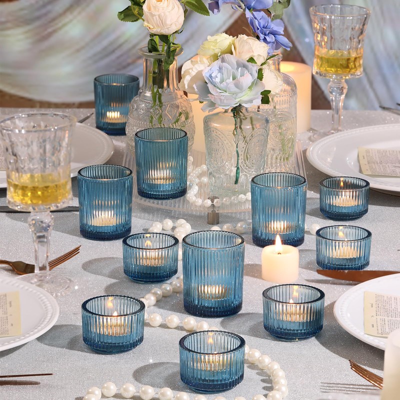 NITIME 20pcs Ribbed Blue Votive Candle Holders, Assorted Tea Lights