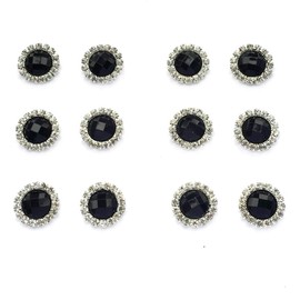 6pairs Pack 15mm Round Shaped Zircon Rhinestone Earrings Studs Set for Party Wedding Dance Competition Everyday Wear Silver Plated Jewelry Black Color
