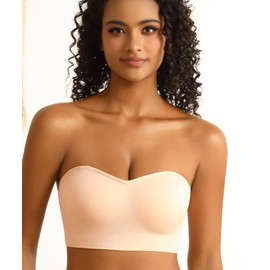 PRETTYWELL Strapless Bras for Women Padded Bandeau Bra Non-Slip Wireless Comfort Seamless Tube Top Bralette with Straps Beige